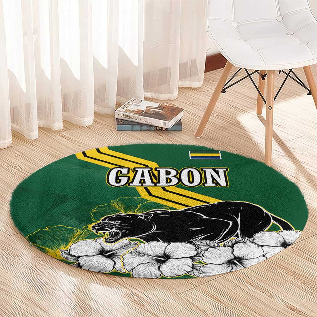 Gabon Round Carpet with Black Panther Graphic and Hibiscus Flower Design in National Colors