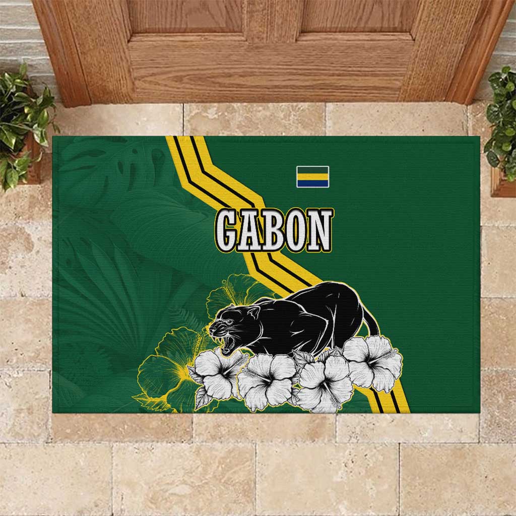 Gabon Rubber Doormat with Black Panther Graphic and Hibiscus Flower Design in National Colors