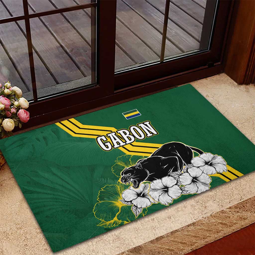 Gabon Rubber Doormat with Black Panther Graphic and Hibiscus Flower Design in National Colors