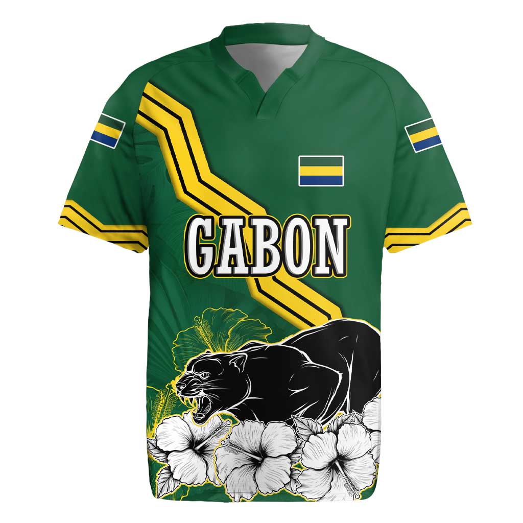 Gabon Rugby Jersey with Black Panther Graphic and Hibiscus Flower Design in National Colors