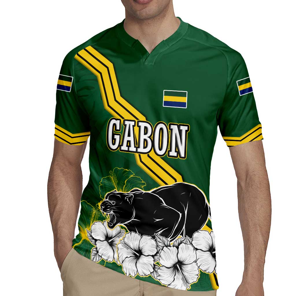 Gabon Rugby Jersey with Black Panther Graphic and Hibiscus Flower Design in National Colors