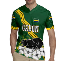 Gabon Rugby Jersey with Black Panther Graphic and Hibiscus Flower Design in National Colors