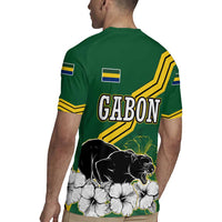 Gabon Rugby Jersey with Black Panther Graphic and Hibiscus Flower Design in National Colors