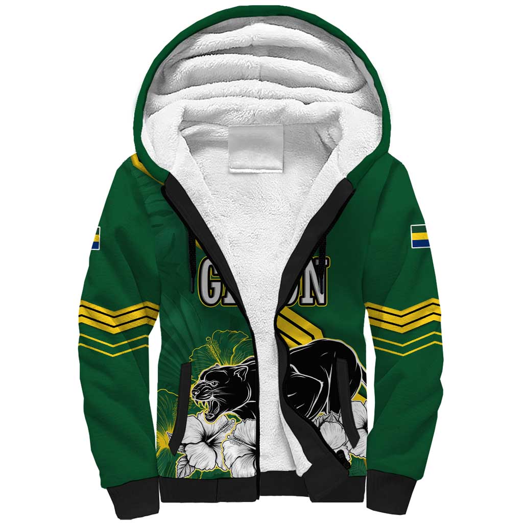 Gabon Sherpa Hoodie with Black Panther Graphic and Hibiscus Flower Design in National Colors