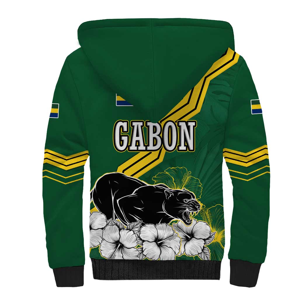 Gabon Sherpa Hoodie with Black Panther Graphic and Hibiscus Flower Design in National Colors