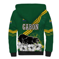 Gabon Sherpa Hoodie with Black Panther Graphic and Hibiscus Flower Design in National Colors