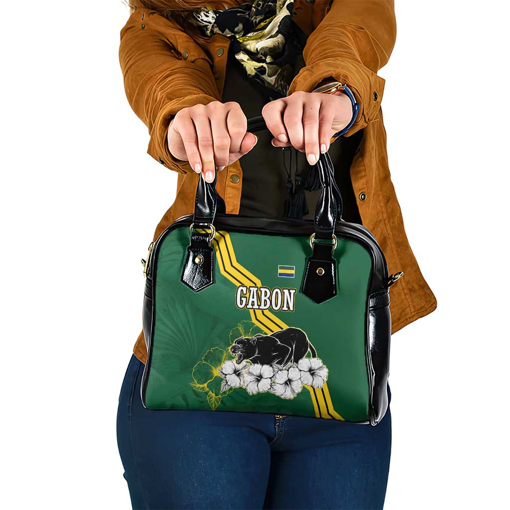 Gabon Shoulder Handbag with Black Panther Graphic and Hibiscus Flower Design in National Colors