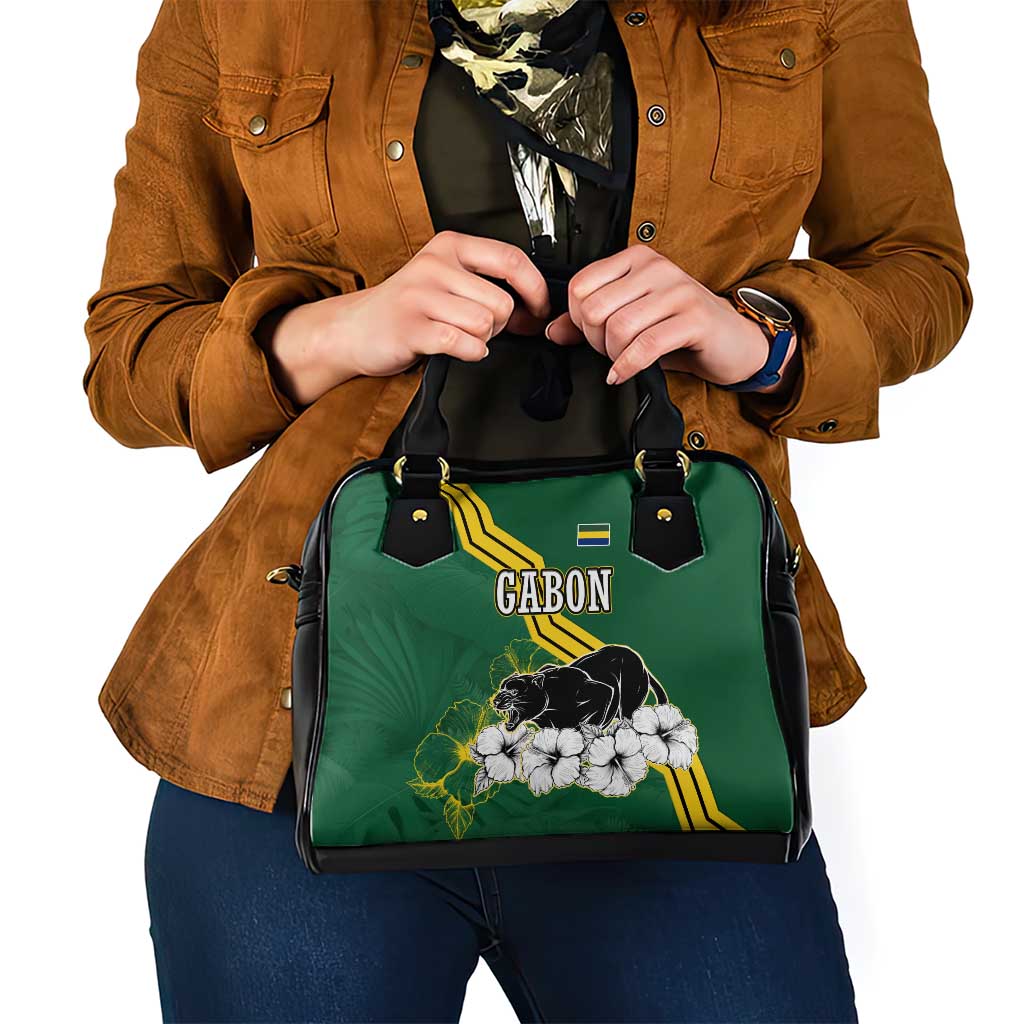 Gabon Shoulder Handbag with Black Panther Graphic and Hibiscus Flower Design in National Colors