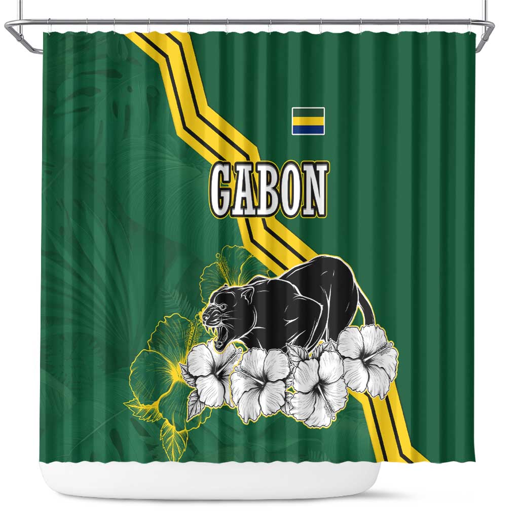 Gabon Shower Curtain with Black Panther Graphic and Hibiscus Flower Design in National Colors