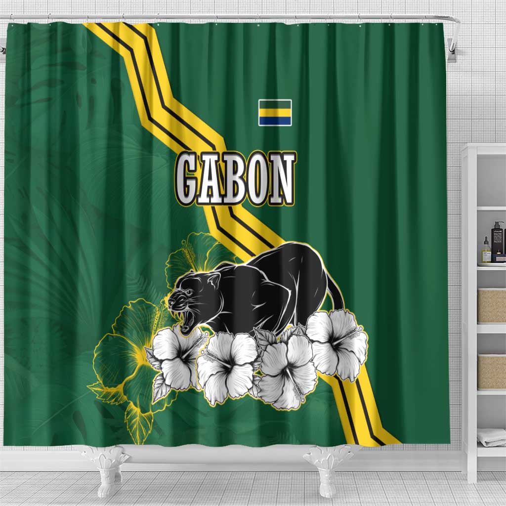 Gabon Shower Curtain with Black Panther Graphic and Hibiscus Flower Design in National Colors
