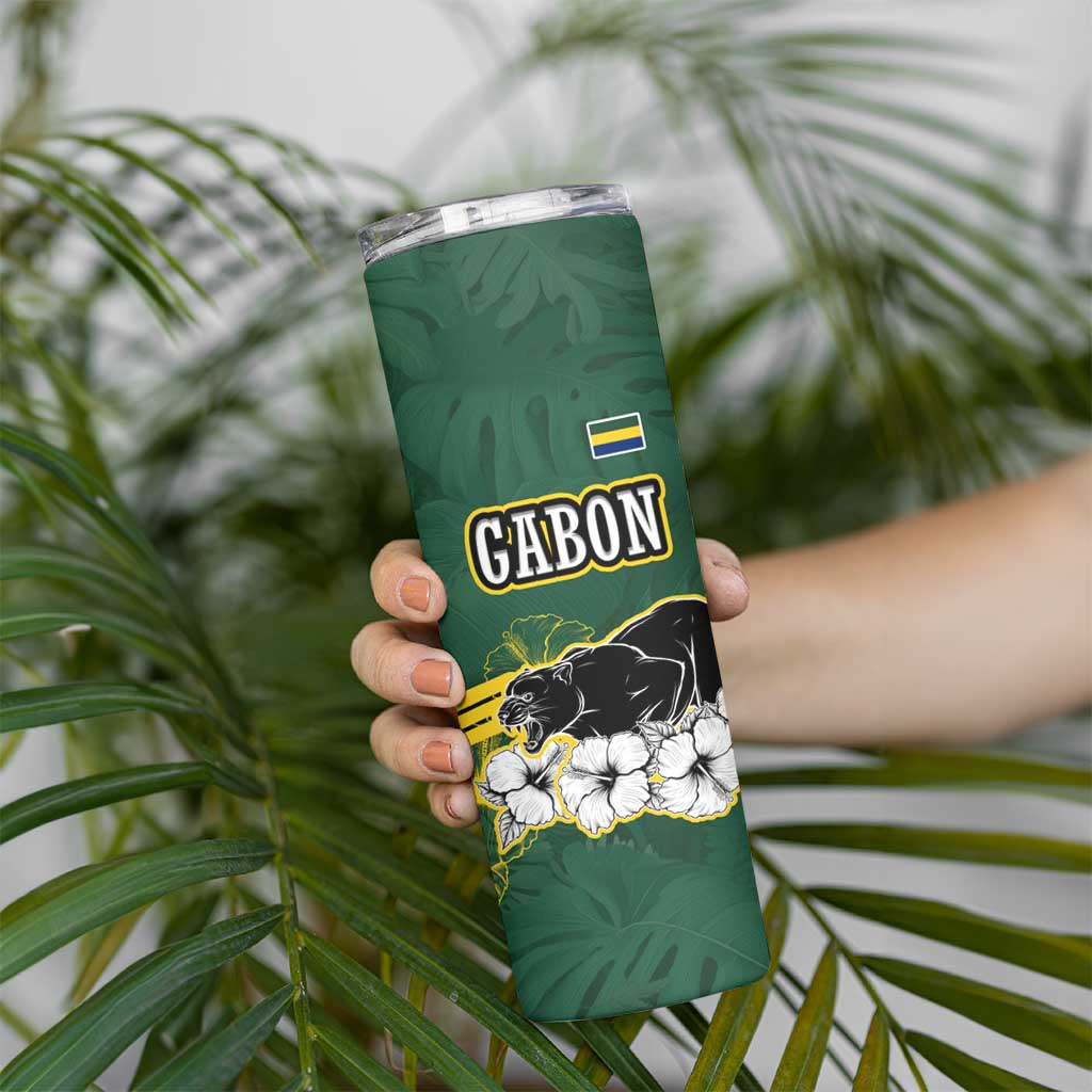 Gabon Skinny Tumbler with Black Panther Graphic and Hibiscus Flower Design in National Colors