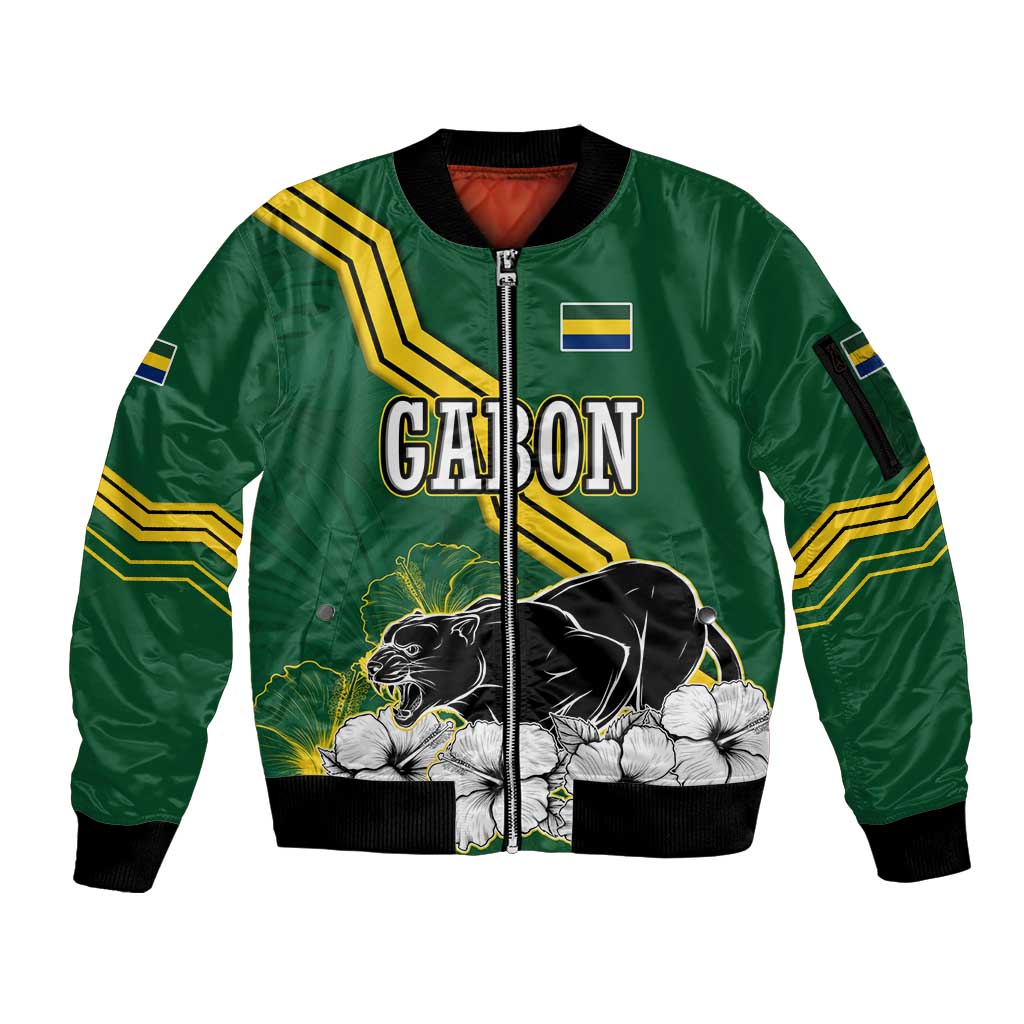 Gabon Sleeve Zip Bomber Jacket with Black Panther Graphic and Hibiscus Flower Design in National Colors