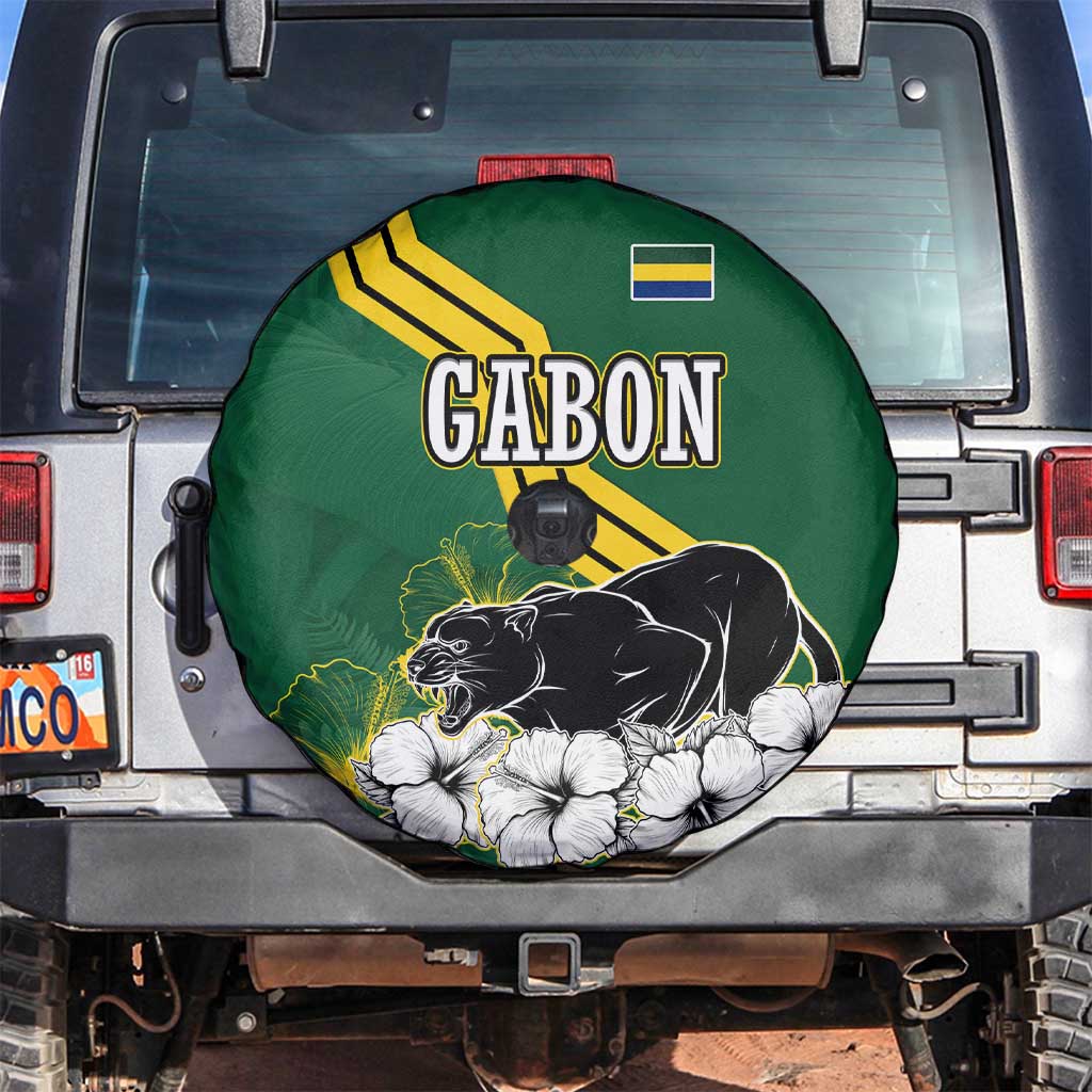 Gabon Spare Tire Cover with Black Panther Graphic and Hibiscus Flower Design in National Colors