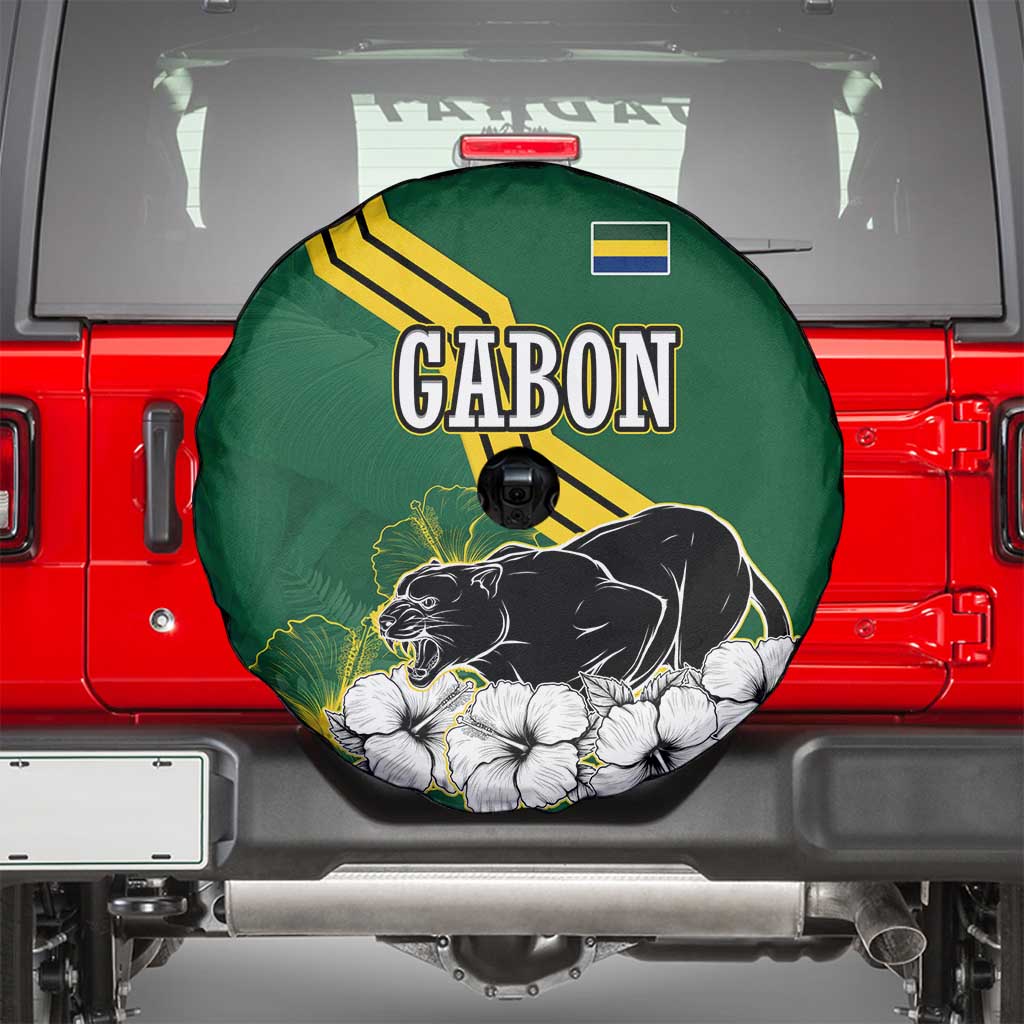 Gabon Spare Tire Cover with Black Panther Graphic and Hibiscus Flower Design in National Colors