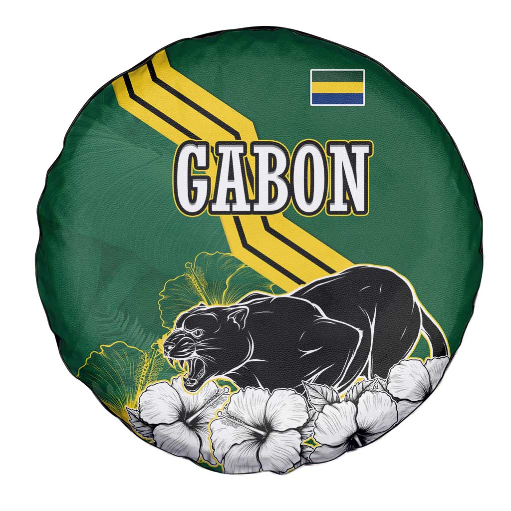Gabon Spare Tire Cover with Black Panther Graphic and Hibiscus Flower Design in National Colors