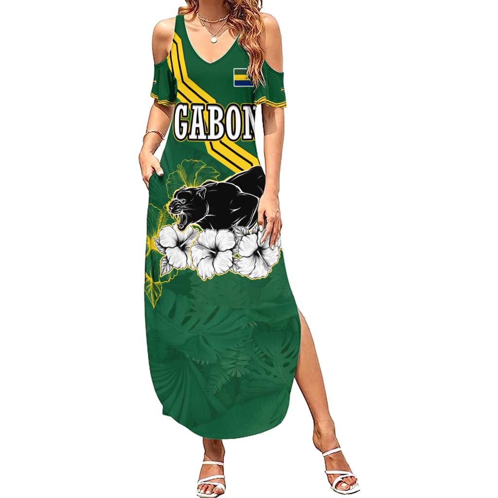 Gabon Summer Maxi Dress with Black Panther Graphic and Hibiscus Flower Design in National Colors