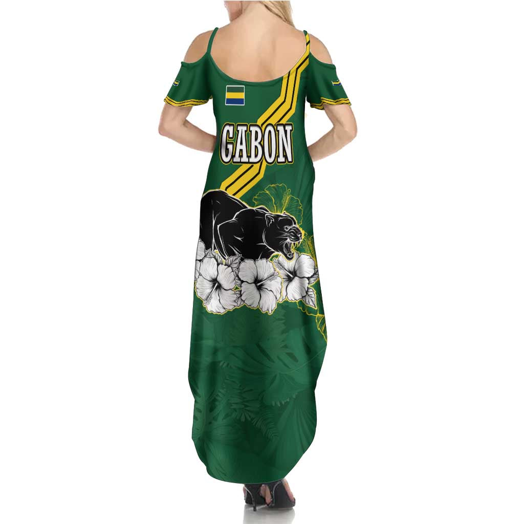 Gabon Summer Maxi Dress with Black Panther Graphic and Hibiscus Flower Design in National Colors