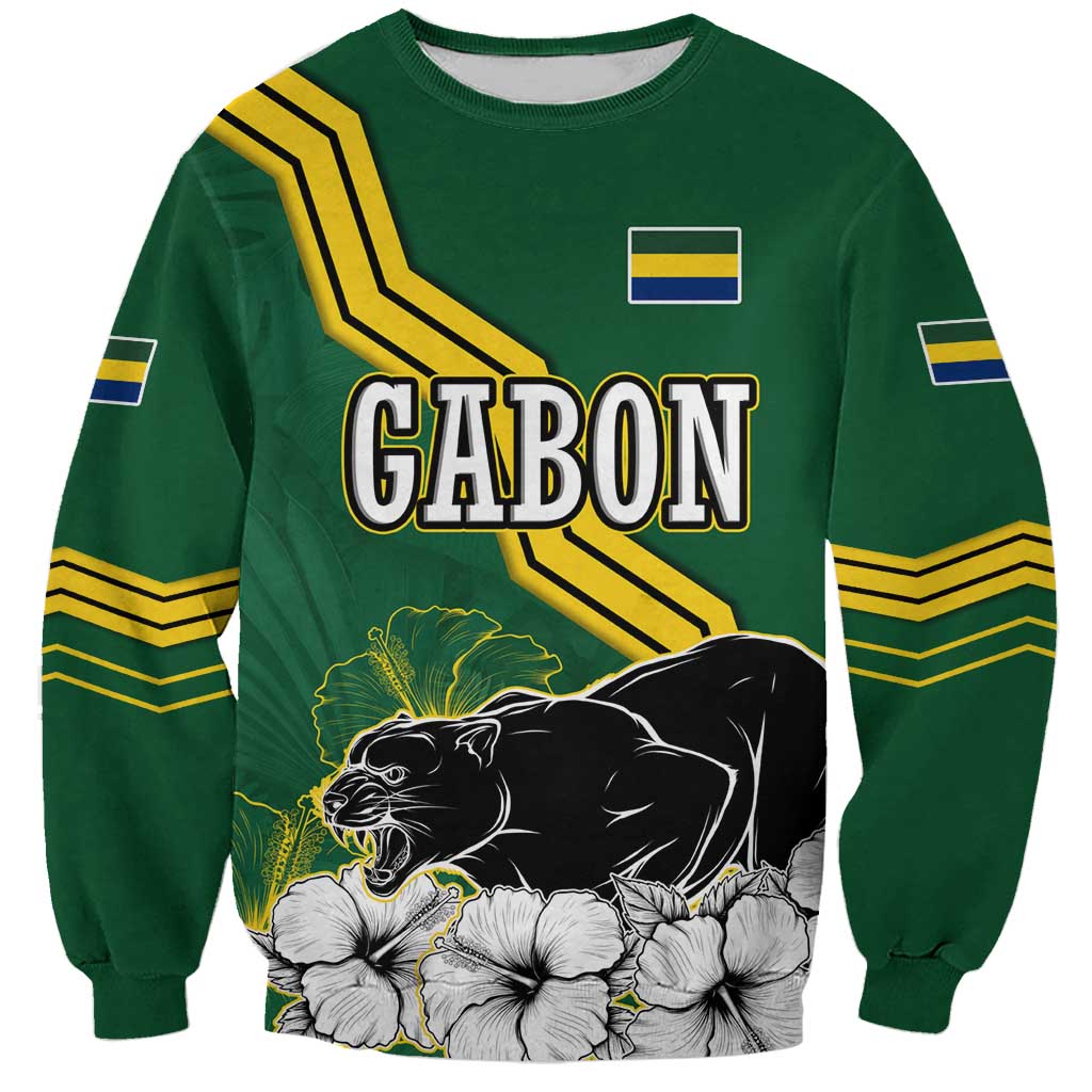 Gabon Sweatshirt with Black Panther Graphic and Hibiscus Flower Design in National Colors