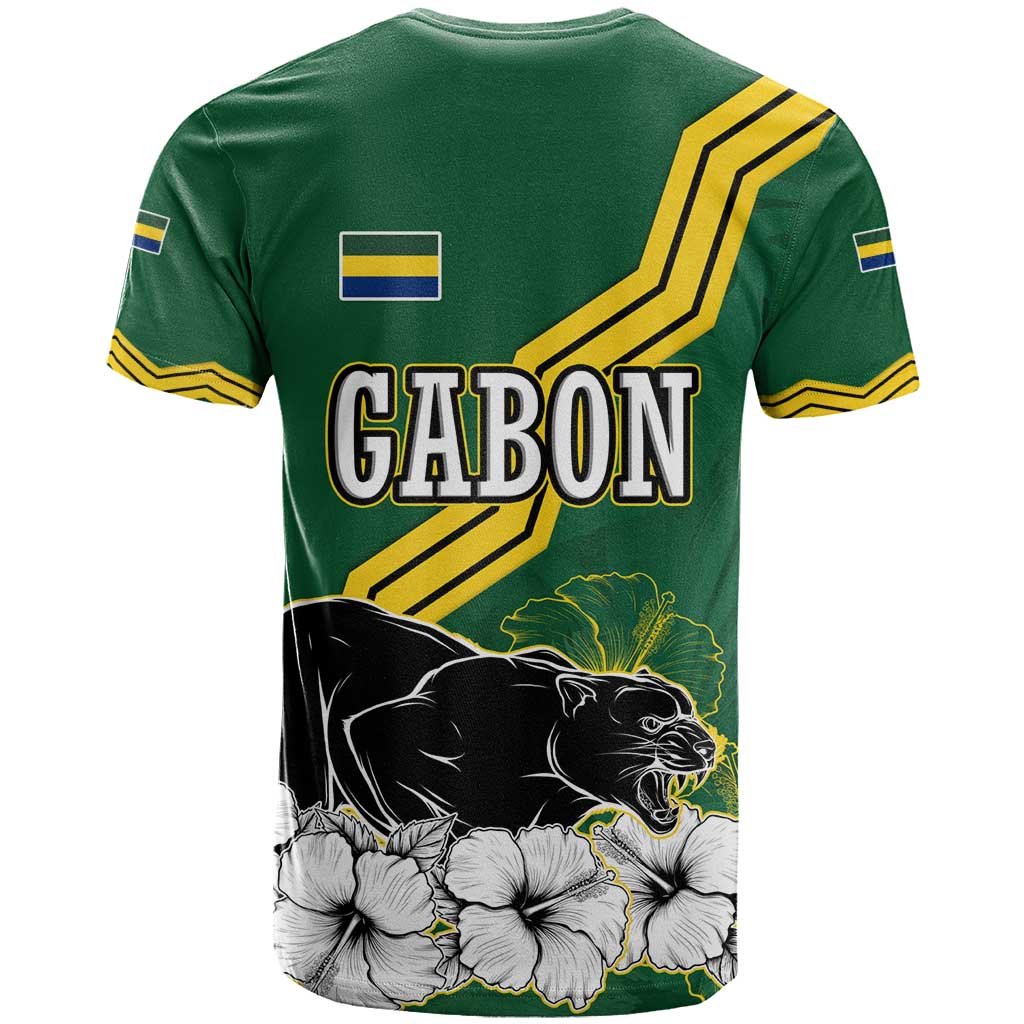 Gabon T Shirt with Black Panther Graphic and Hibiscus Flower Design in National Colors