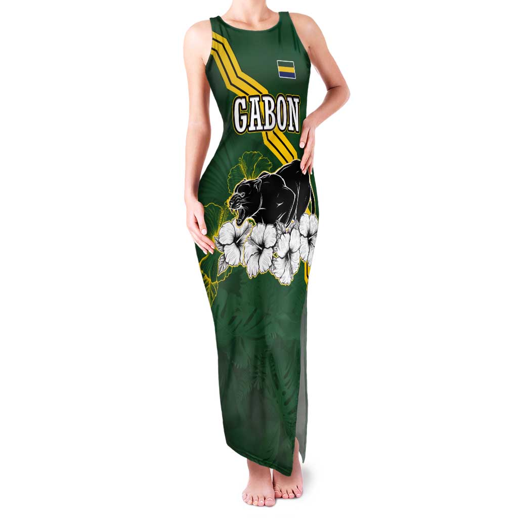 Gabon Tank Maxi Dress with Black Panther Graphic and Hibiscus Flower Design in National Colors