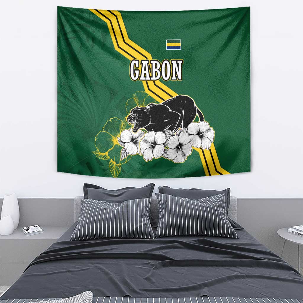 Gabon Tapestry with Black Panther Graphic and Hibiscus Flower Design in National Colors