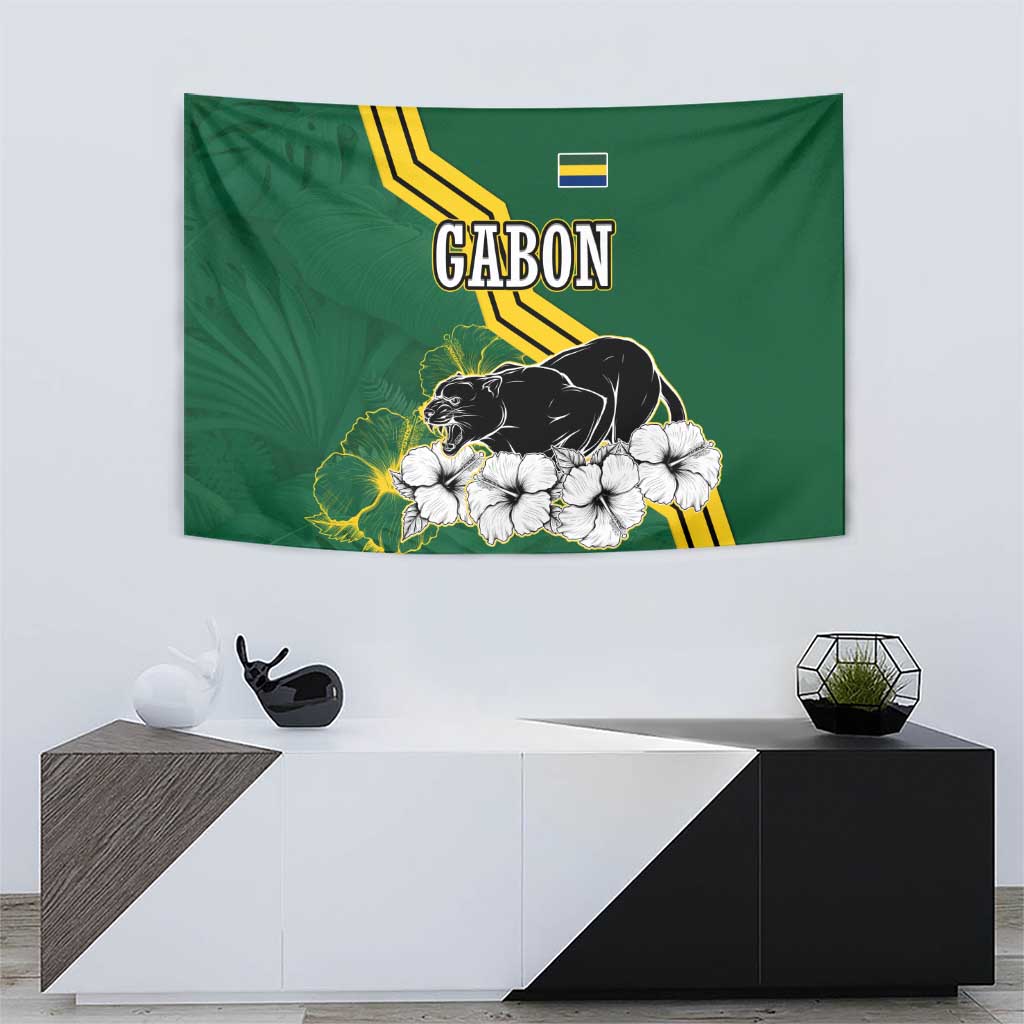 Gabon Tapestry with Black Panther Graphic and Hibiscus Flower Design in National Colors