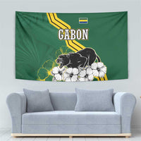 Gabon Tapestry with Black Panther Graphic and Hibiscus Flower Design in National Colors