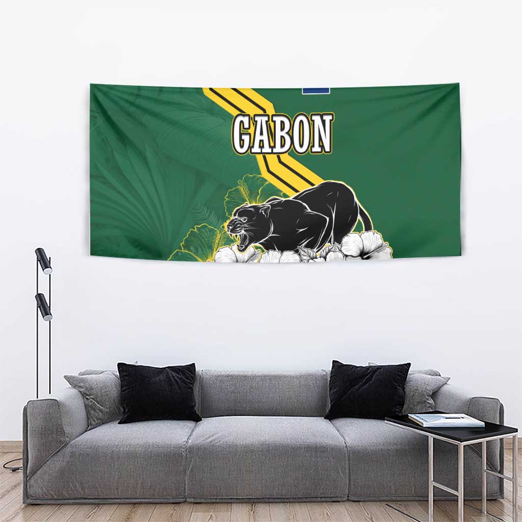 Gabon Tapestry with Black Panther Graphic and Hibiscus Flower Design in National Colors