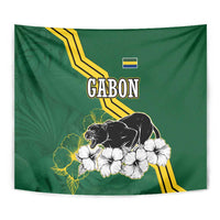 Gabon Tapestry with Black Panther Graphic and Hibiscus Flower Design in National Colors
