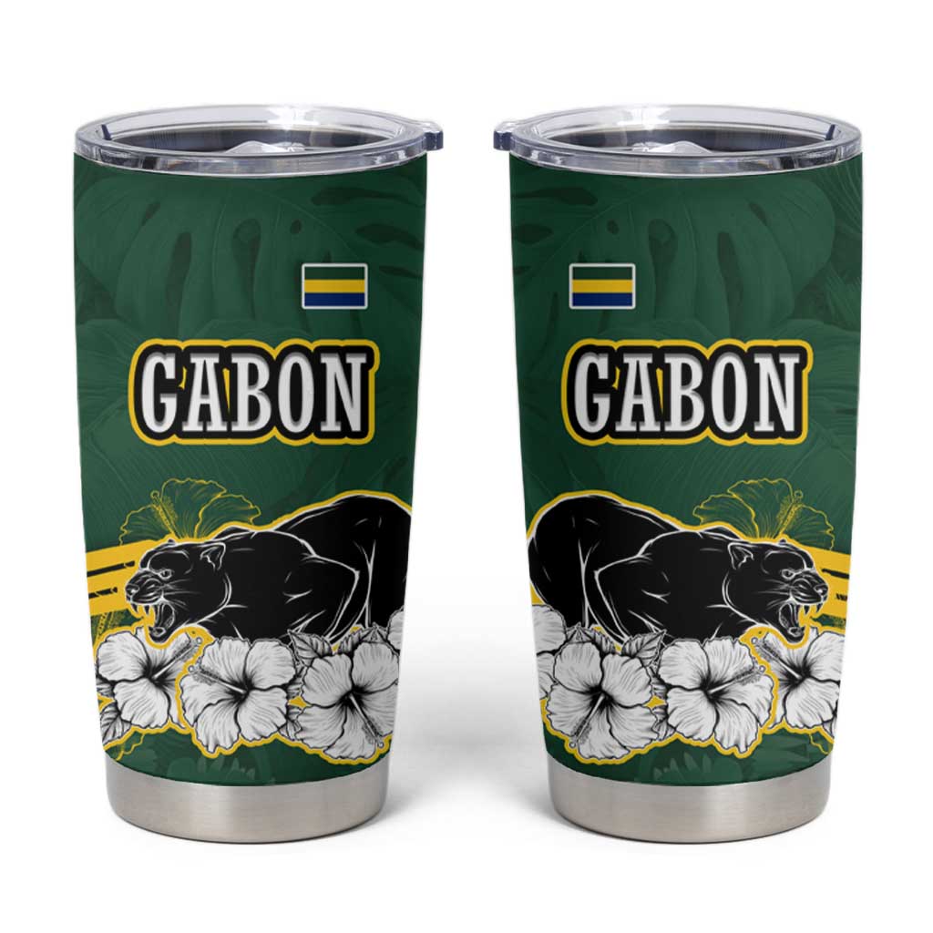 Gabon Tumbler Cup with Black Panther Graphic and Hibiscus Flower Design in National Colors