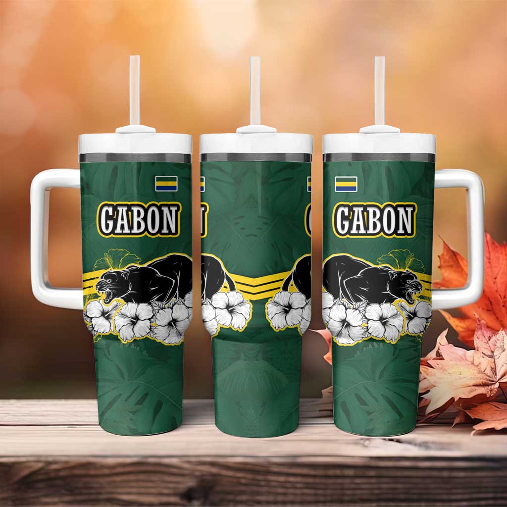 Gabon Tumbler With Handle with Black Panther Graphic and Hibiscus Flower Design in National Colors
