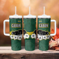 Gabon Tumbler With Handle with Black Panther Graphic and Hibiscus Flower Design in National Colors
