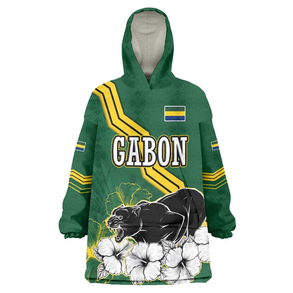 Gabon Wearable Blanket Hoodie with Black Panther Graphic and Hibiscus Flower Design in National Colors