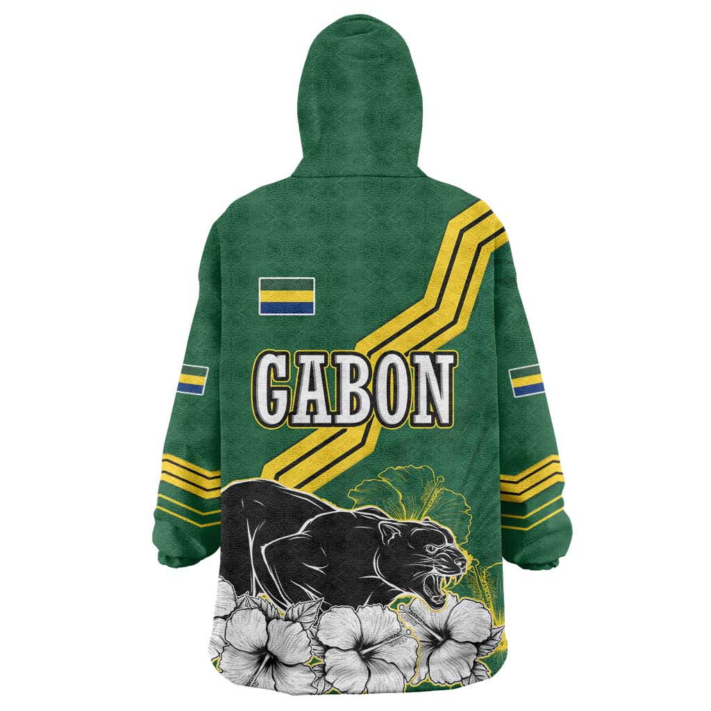 Gabon Wearable Blanket Hoodie with Black Panther Graphic and Hibiscus Flower Design in National Colors