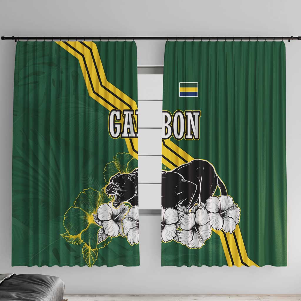 Gabon Window Curtain with Black Panther Graphic and Hibiscus Flower Design in National Colors