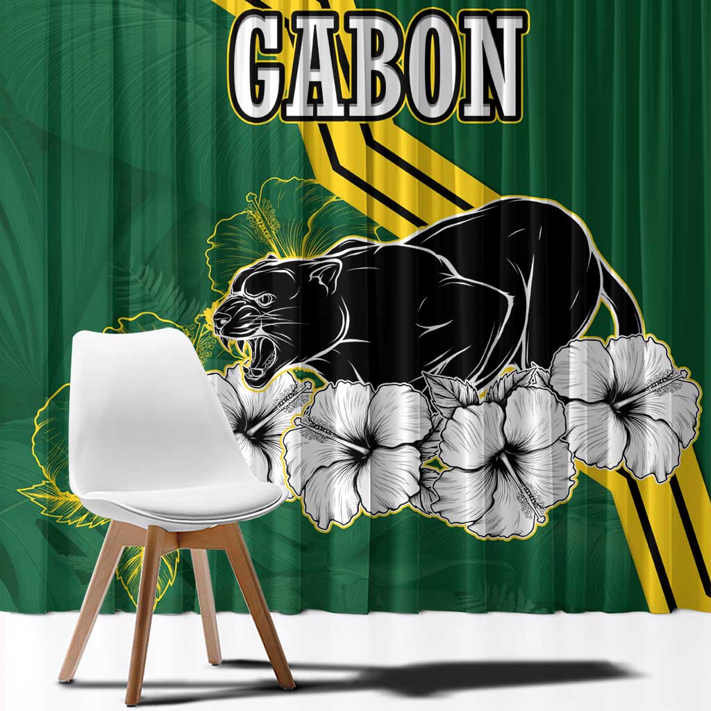 Gabon Window Curtain with Black Panther Graphic and Hibiscus Flower Design in National Colors