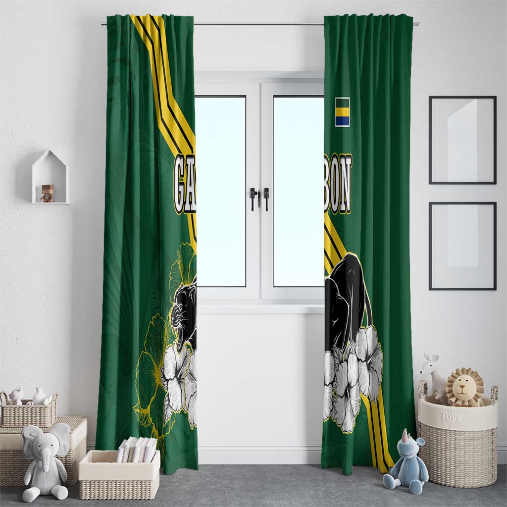 Gabon Window Curtain with Black Panther Graphic and Hibiscus Flower Design in National Colors