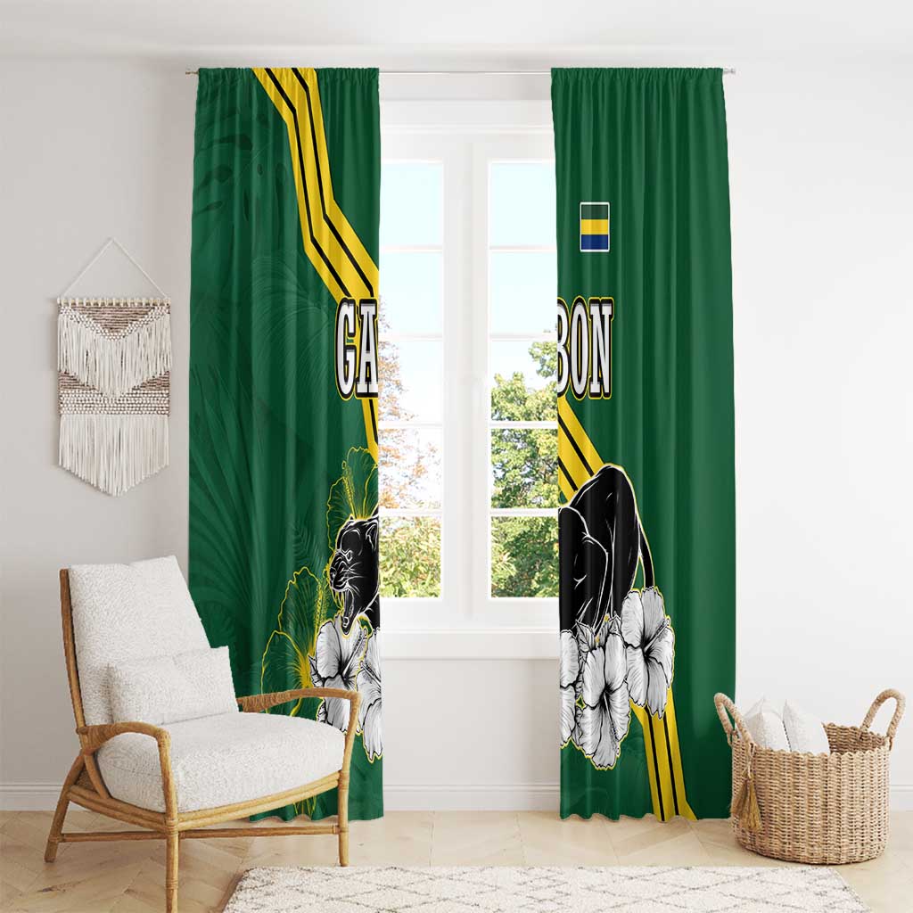 Gabon Window Curtain with Black Panther Graphic and Hibiscus Flower Design in National Colors