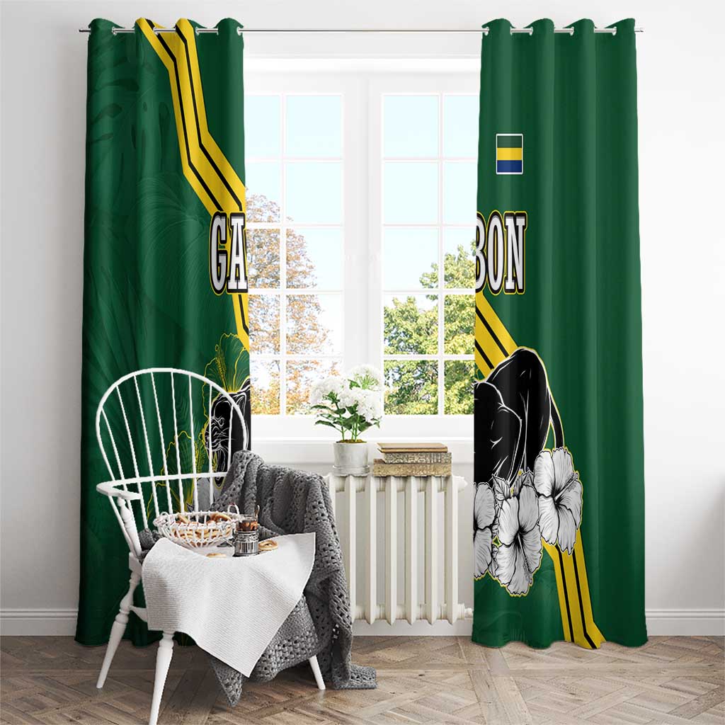 Gabon Window Curtain with Black Panther Graphic and Hibiscus Flower Design in National Colors