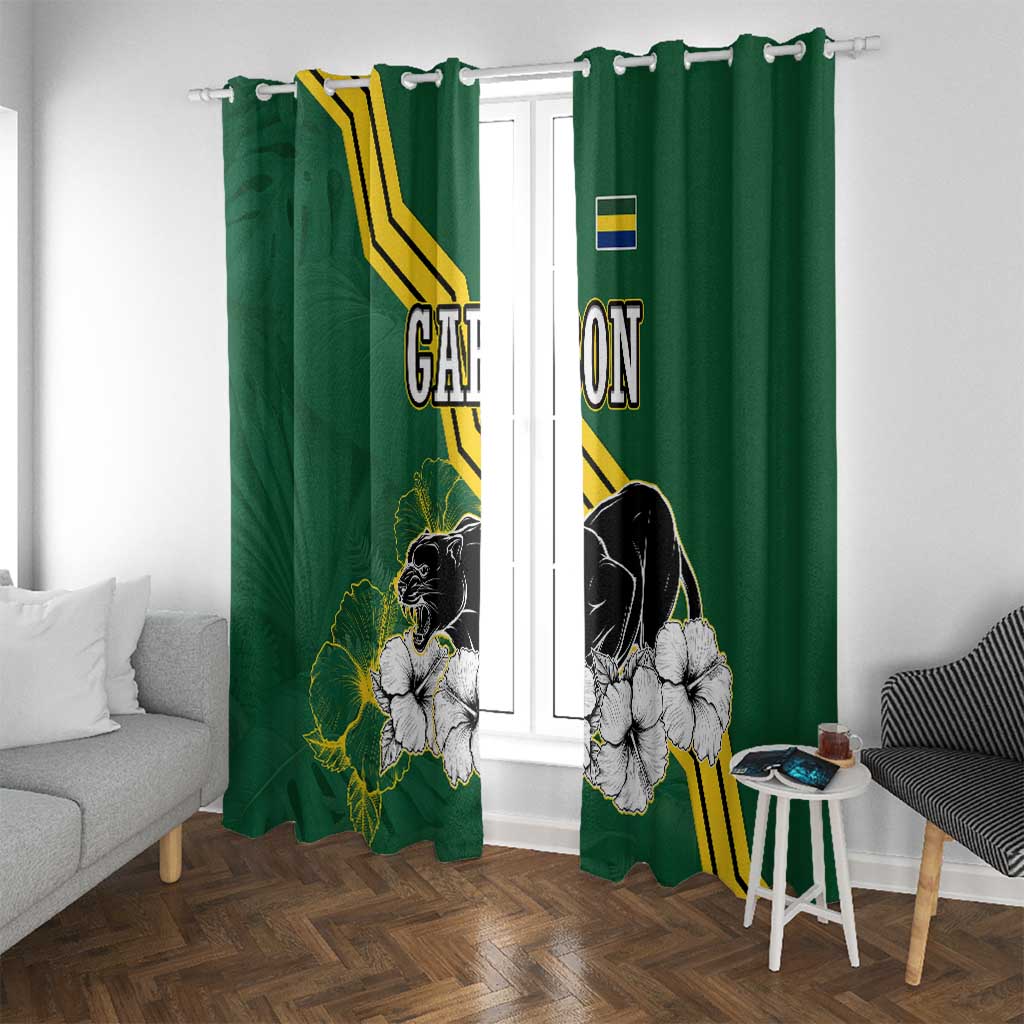 Gabon Window Curtain with Black Panther Graphic and Hibiscus Flower Design in National Colors
