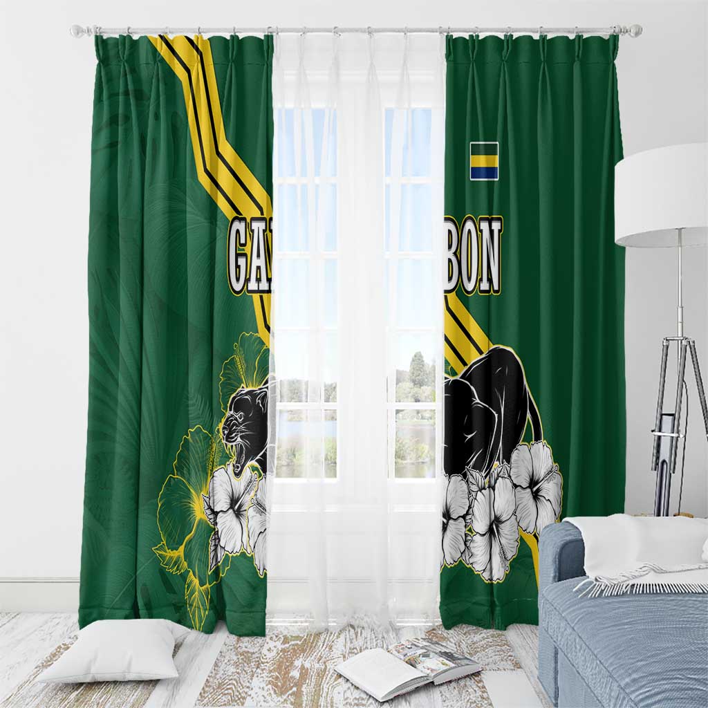 Gabon Window Curtain with Black Panther Graphic and Hibiscus Flower Design in National Colors