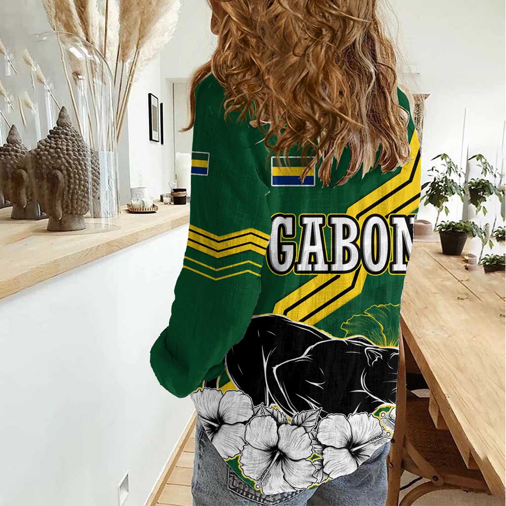 Gabon Women Casual Shirt with Black Panther Graphic and Hibiscus Flower Design in National Colors