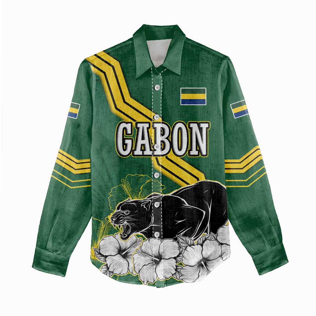 Gabon Women Casual Shirt with Black Panther Graphic and Hibiscus Flower Design in National Colors