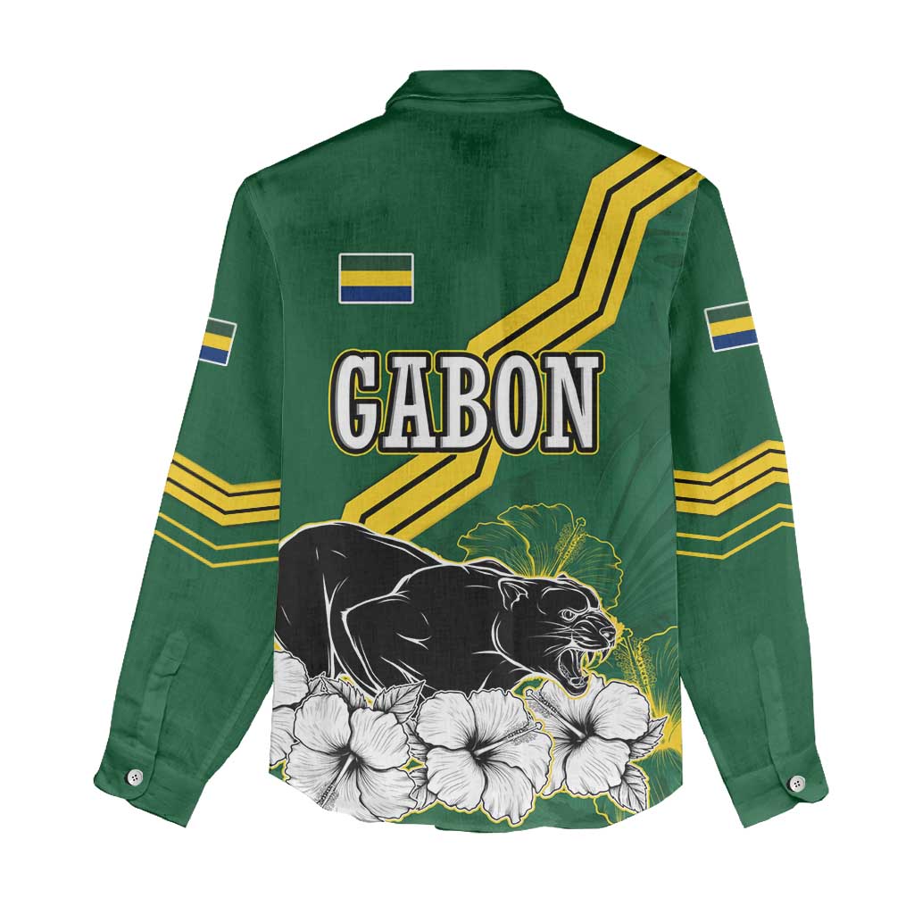 Gabon Women Casual Shirt with Black Panther Graphic and Hibiscus Flower Design in National Colors