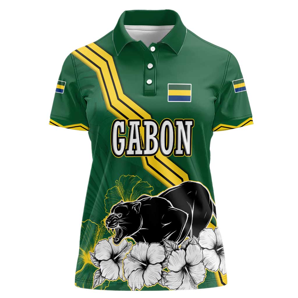 Gabon Women Polo Shirt with Black Panther Graphic and Hibiscus Flower Design in National Colors
