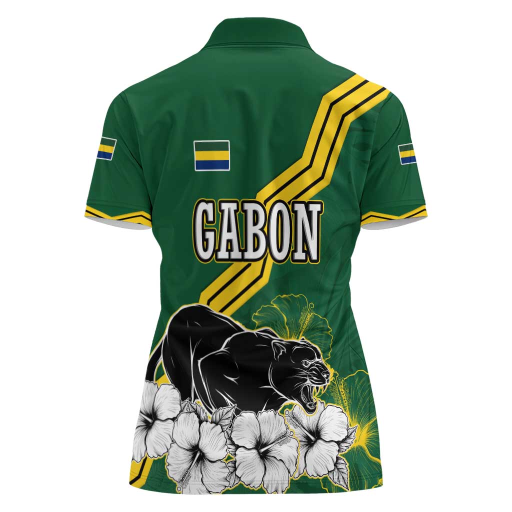 Gabon Women Polo Shirt with Black Panther Graphic and Hibiscus Flower Design in National Colors