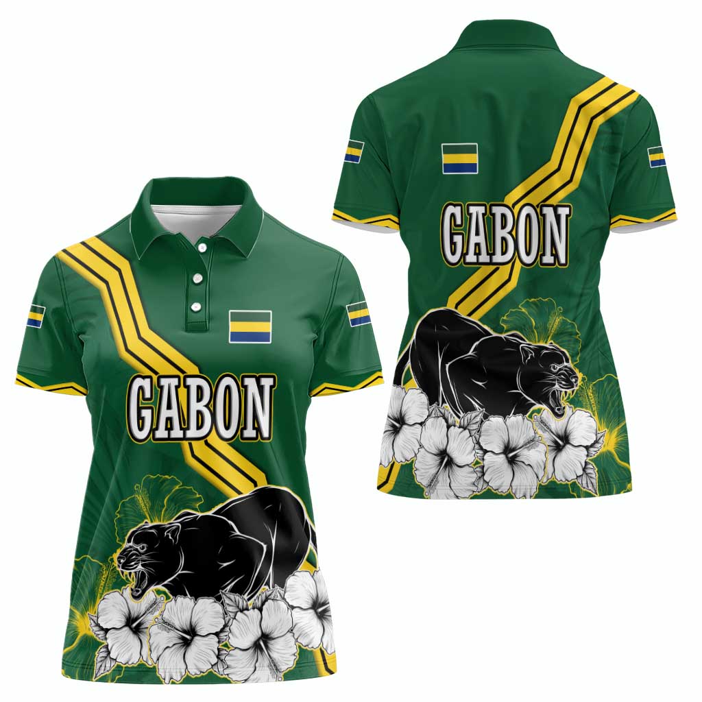 Gabon Women Polo Shirt with Black Panther Graphic and Hibiscus Flower Design in National Colors