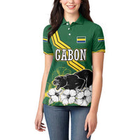 Gabon Women Polo Shirt with Black Panther Graphic and Hibiscus Flower Design in National Colors
