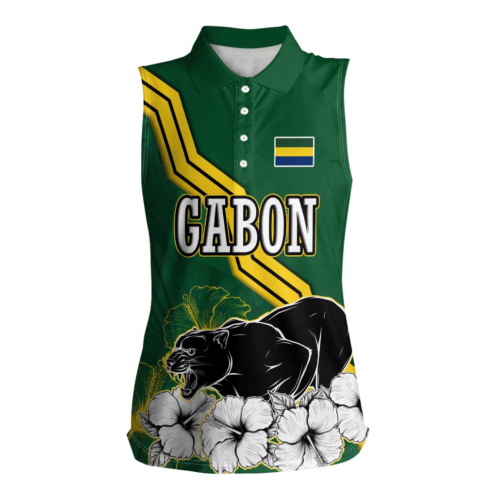 Gabon Women Sleeveless Polo Shirt with Black Panther Graphic and Hibiscus Flower Design in National Colors