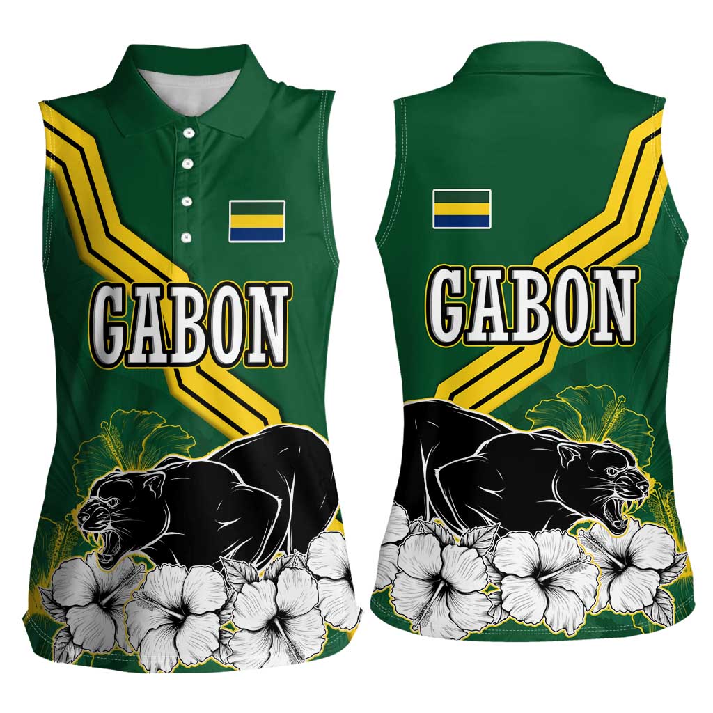 Gabon Women Sleeveless Polo Shirt with Black Panther Graphic and Hibiscus Flower Design in National Colors